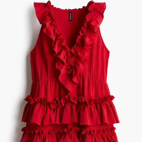 H&M Red Ruffle V-Neck Tiered Mini Dress - Picture 2 of 7